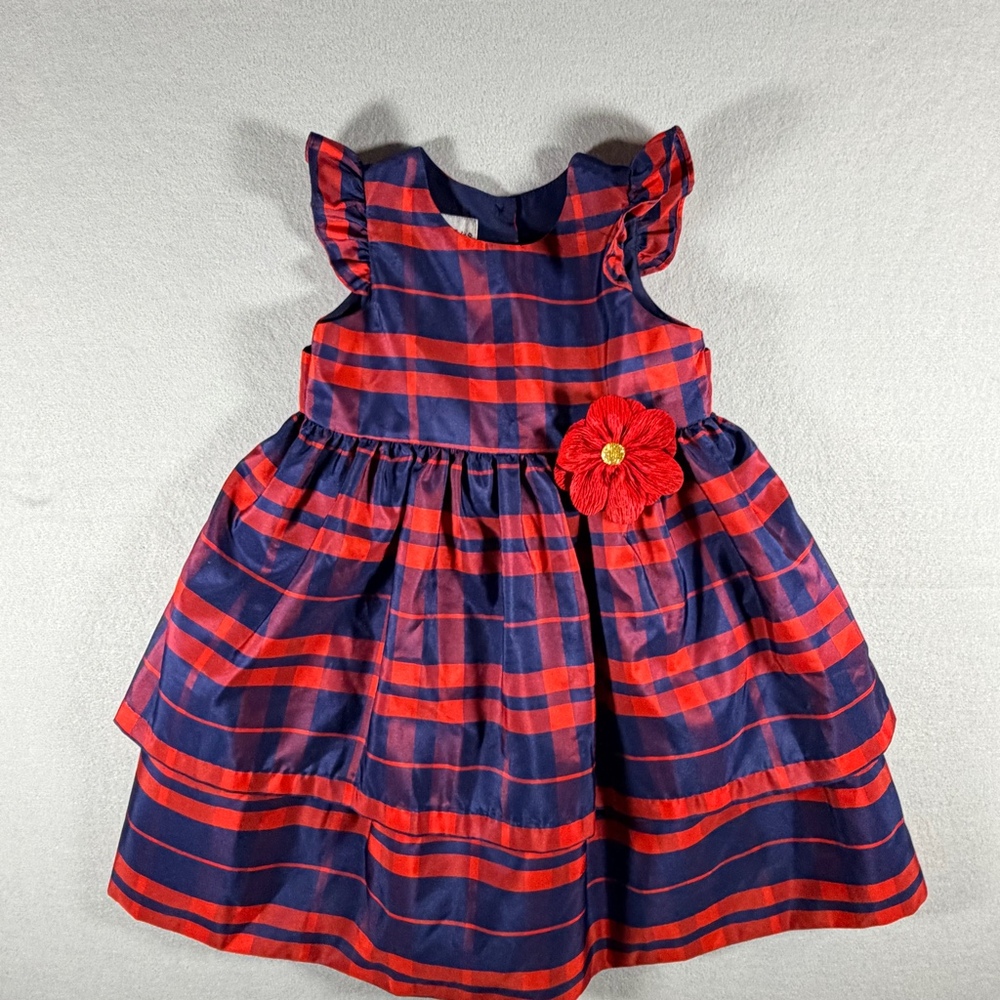 Pippa & Julie Girls Sz 4T Plaid Party Dress Red Navy Flower Tiered Skirt
